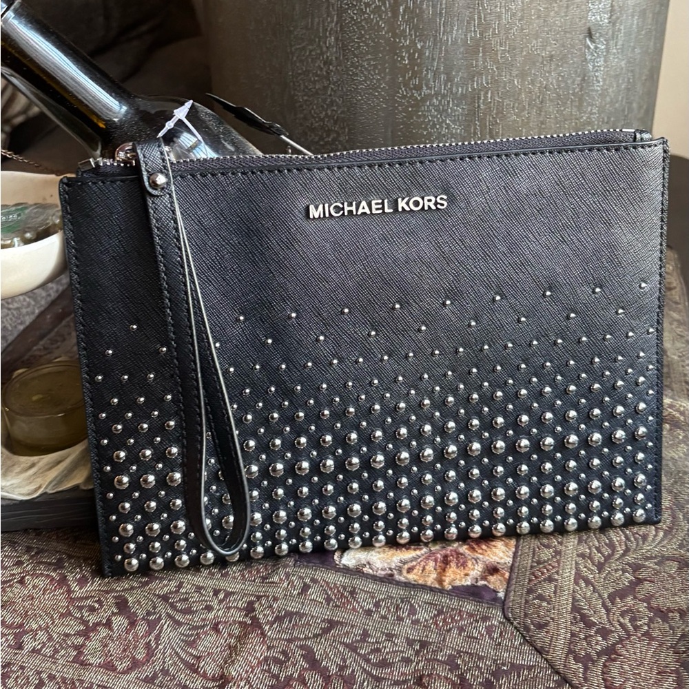 Authentic Michael Kors Black /Silver Studded leather zip top Clutch/Wristlet - Picture 2 of 9